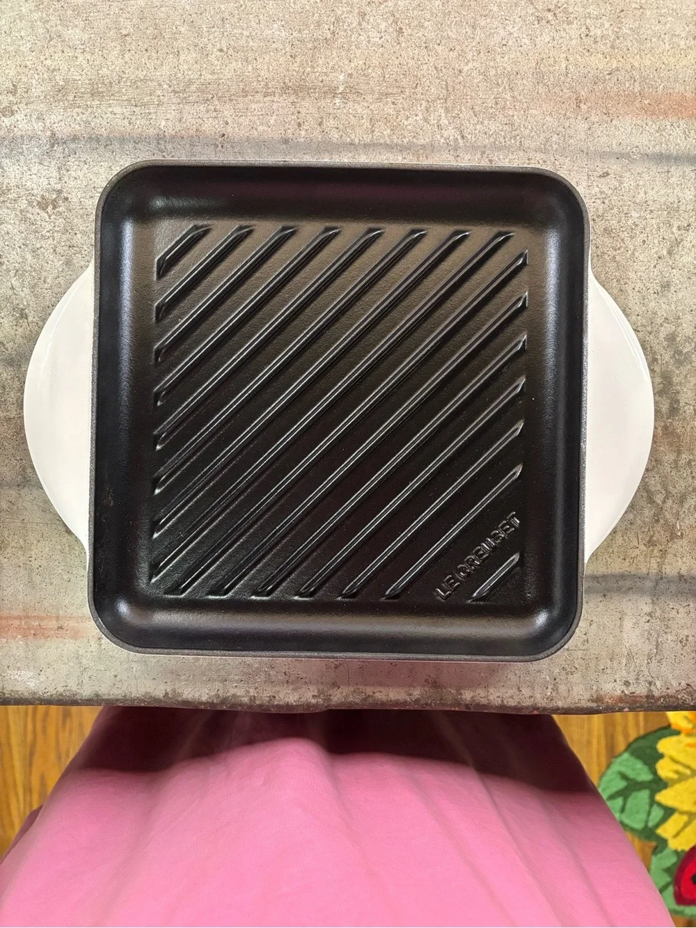Le Creuset Square Grill Pan in Black with White Handles